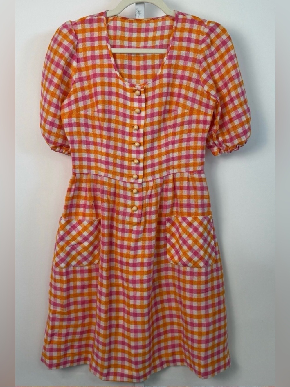 Vintage Handmade Pink and Orange Gingham Button Front Dress Small